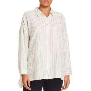 Eileen Fisher Organic Cotton Striped Button Down Shirt Ecru Size M